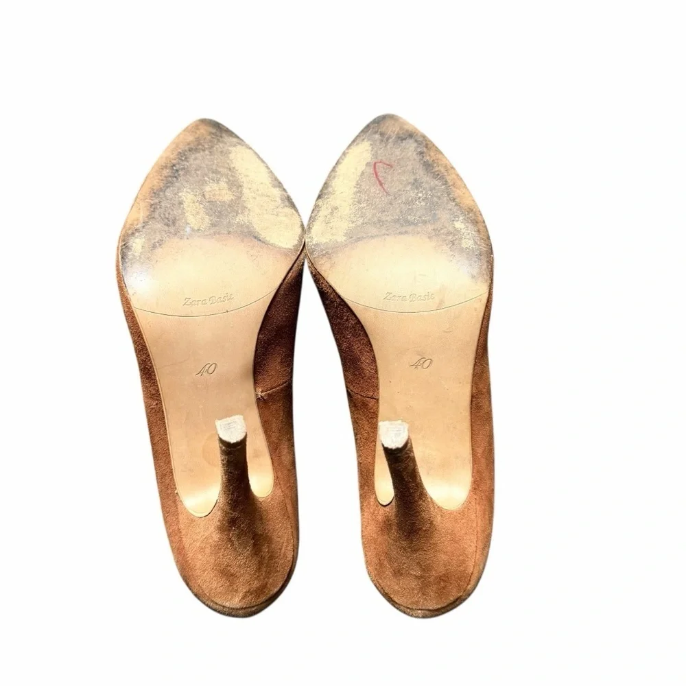 Zara Basic Brown Suede Stiletto 4.5” Heels Size 40 - Picture 4 of 6
